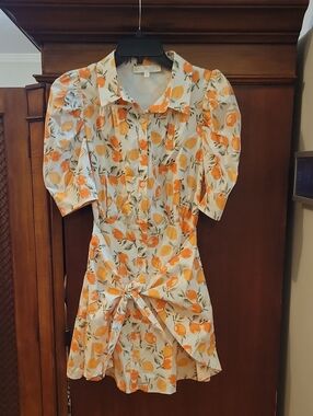 Karlie | White with Orange Peach Novelty Print Button-Front Dress Puff Sleeves S
